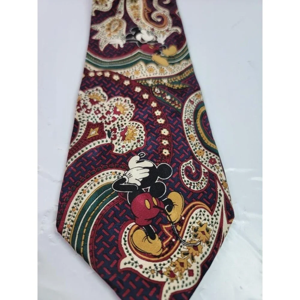 Disney Mickey Mouse Mens Silk Tie Vintage Paisley Burgundy Red Green Gold